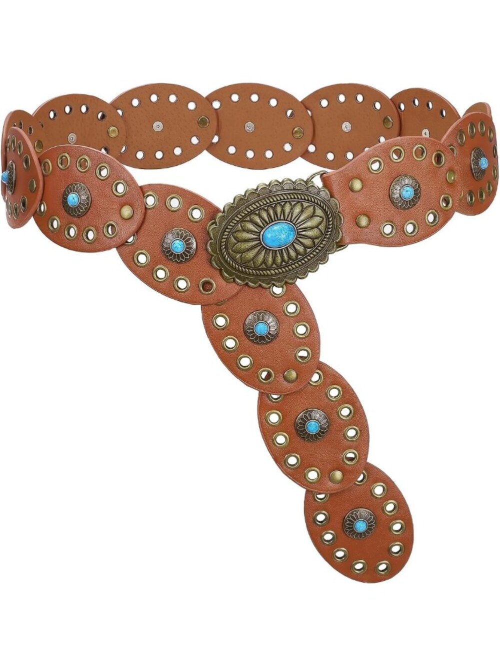 Wide Cowgirl Disc Belt with Turquoise Concho | Boho Leather Western Belt for